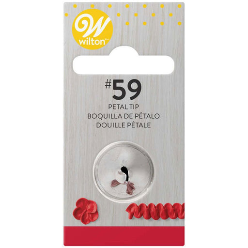 Wilton #59 petal piping tip in retail packaging, featuring a small metal tip with a curved, narrow opening. The card displays the Wilton logo at the top and includes the product name in English, Spanish, and French. At the bottom, red icing examples show floral petal shapes and ruffled piping designs.