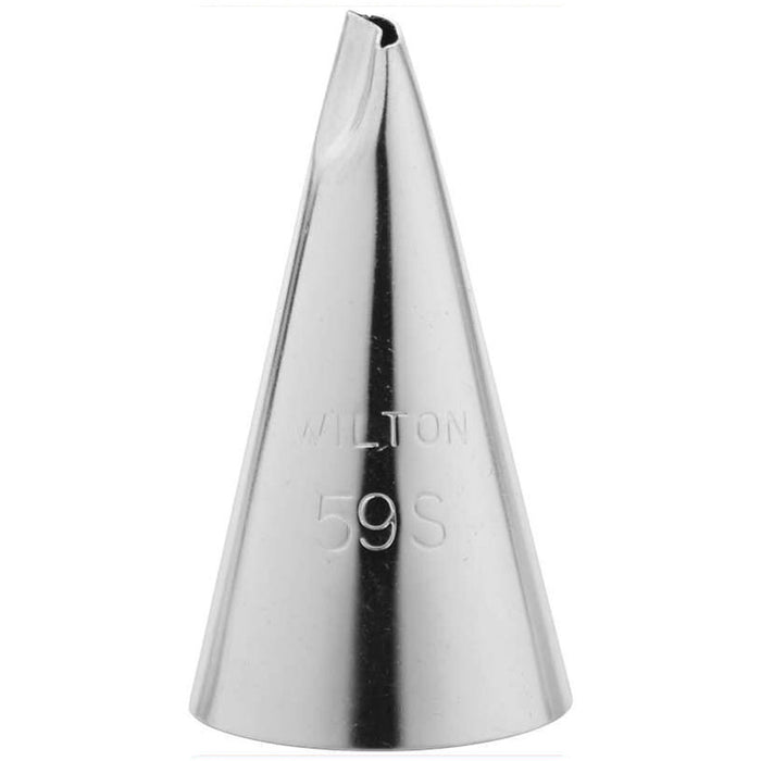 Wilton piping tip 59S made of stainless steel, shown upright with a curved, narrow petal-shaped opening and the engraving 'WILTON 59S' visible on the side.