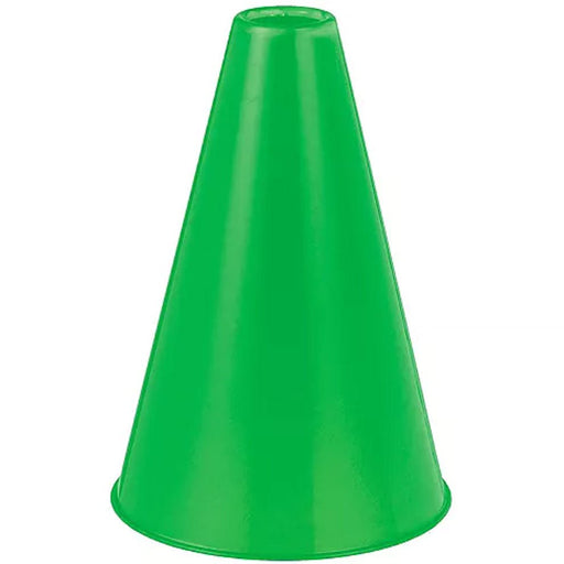 Solid green plastic cheerleading megaphone with no text or graphics. Features a classic cone shape, suitable for sports events, pep rallies, or themed decorations.