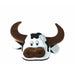 A playful cow head hat designed to resemble a cartoon-style cow. The hat features black and white spots, large brown horns, floppy white ears, a brown snout with nostrils, and wide, friendly eyes. This novelty hat is often used for costumes, parties, or humorous dress-up occasions.