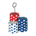 Casino-themed balloon or card holder featuring stacked poker chips in red, white, and blue colors. The red stack has a metal wire extending upward from the center, ending in a circular clip for holding balloons, photos, or cards.