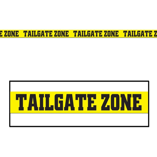 Yellow party tape with the bold black text 'TAILGATE ZONE' repeated along its length. The tape is designed to mark off designated areas at tailgate parties or sports-themed events.