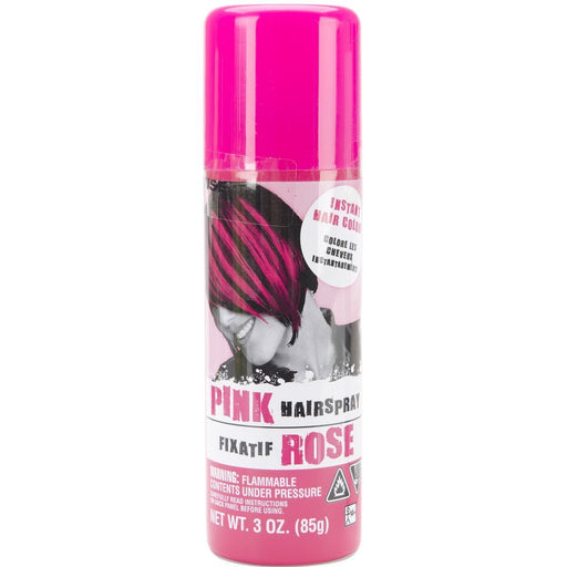 A can of pink hairspray with a bright pink cap and a label showing a woman with black hair highlighted in vibrant pink. The product is labeled 'Pink Hairspray' and contains 3 ounces, designed to add bold, temporary pink color to hair for parties, costumes, and special events.