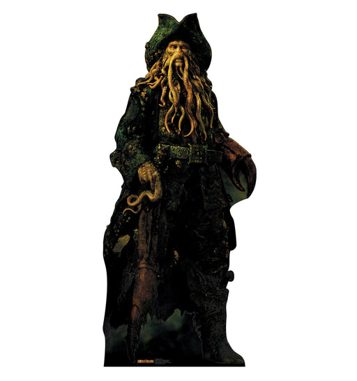 Cardboard cutout of Davy Jones, a mythical sea creature from Pirates of the Caribbean, depicted as a humanoid figure with a face composed of long, writhing octopus tentacles. He wears a dark green tattered pirate hat and coat, with one arm ending in a crab claw and the other a tentacle-covered hand. His lower body and legs appear covered in barnacles and sea moss, adding to his haunting, oceanic appearance.