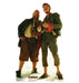 Cardboard cutout of two scruffy pirates from Pirates of the Caribbean, standing barefoot on a sandy beach. The pirate on the left is bald with a thick beard, wearing a black open jacket and brown shorts with a wide belt. The pirate on the right is thinner, with messy hair, a greenish jacket, and tattered brown pants, holding a bottle and grinning. Both appear dirty and disheveled, with sunburned faces and carefree expressions.