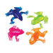 A set of four translucent sticky toy frogs in vibrant colors—dark blue, neon green, hot pink, and orange—each with unique molded textures and playful, stretchy shapes.
