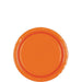Orange round disposable paper plate with a slightly raised and glossy rim, centered on a white background.