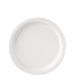 Plain white round disposable plate with a slightly raised rim and subtle embossed line detailing along the edge, shown on a white background.