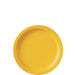 Yellow round disposable paper plate with a slightly raised rim and a smooth surface, centered on a white background.