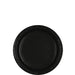 Round black paper plate with a slightly raised rim, centered against a white background.