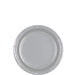Round silver paper plate with a slightly raised edge and subtle embossed rim design, set against a white background.