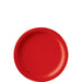 Round red paper plate with a slightly raised rim and glossy finish, centered on a white background.
