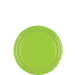 Round kiwi green paper plate with a slightly raised rim and glossy finish, displayed on a white background.