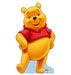 Cardboard cutout of Winnie the Pooh standing in a cheerful pose. Pooh is a plump, golden-yellow bear with rounded ears and black eyes. He is wearing his signature short red shirt, which leaves his belly exposed. One arm is resting on his hip while the other swings outward, and his mouth is open in a friendly smile. The background is white with a blue shadow beneath his feet.