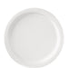 Plain white round disposable plate with a slightly raised rim and subtle embossed line detailing along the edge, shown on a white background.
