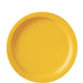 Yellow round disposable paper plate with a slightly raised rim and a smooth surface, centered on a white background.