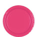 Single bright pink disposable paper plate centered on a white background.