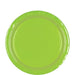 Round kiwi green paper plate with a slightly raised rim and glossy finish, displayed on a white background.