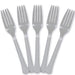 Five silver plastic fork arranged in a fan shape against a white background.