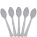 Five silver plastic spoons arranged in a fan shape against a white background.