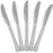 Five silver plastic knives arranged in a fan shape against a white background.