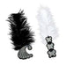 1920's inspired feather tiaras. One black tiara features a black feather with a silver swirl design at the base. The other is white with a white feather and a vertical row of three glittery silver clover-like shapes. Both have a vintage, flapper-style appearance.