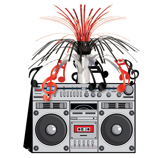 80's themed boombox centerpiece featuring a large, silver and black retro boombox with cassette tape deck illustration. On top is a spray of metallic black and red foil strands, accented with red and black musical note cutouts cascading outward.