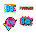 80's themed cutouts featuring bright, colorful retro designs. One cutout says "AWESOME 80's" with a joystick image; another says "LIKE TOTALLY" in bold red and yellow with a comic-style border. A pink and blue arrow-shaped cutout says "RAD" with lightning bolt accents, and another cutout says "80's RULE" with blue polka-dotted numbers on a pink jagged starburst background.