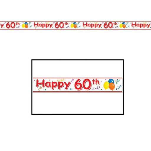 Happy 60th birthday party tape featuring a white background with bold red lettering that reads 'Happy 60th.' The design is accented with colorful balloons in blue, yellow, and orange, as well as scattered confetti and streamers in various bright colors. The tape is bordered with thin red lines on the top and bottom.