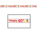 Happy 60th birthday party tape featuring a white background with bold red lettering that reads 'Happy 60th.' The design is accented with colorful balloons in blue, yellow, and orange, as well as scattered confetti and streamers in various bright colors. The tape is bordered with thin red lines on the top and bottom.