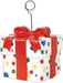 Balloon weight designed as a white gift box with colorful polka dots in red, yellow, green, and blue, wrapped with a bright red ribbon and bow, and topped with a silver wire holder for securing balloons.