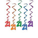 Set of five metallic swirl hanging decorations, each with a spiral streamer and a large number '21' cutout at the end. The streamers and numbers come in matching colors: red, orange, green, blue, and purple. The decorations are designed for a 21st birthday celebration and are displayed against a white background.