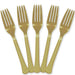Set of five gold-colored plastic forks arranged in a fan shape, each with four tines and slightly textured handles.