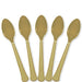 Set of five gold-colored plastic spoons arranged in a fan shape, with slightly textured handles and oval-shaped bowls.