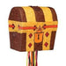 A treasure chest piñata designed with brown and yellow stripes, red diamond accents, a printed lock on the front, and multicolored ribbon streamers hanging from the bottom.