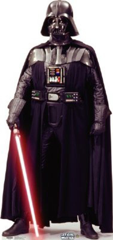 Life-size cardboard cutout of a character in black armor and a flowing cape, wearing a helmet and chest control panel, holding a red lightsaber. The Star Wars logo appears at the base.