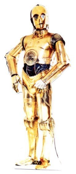 Life-size cardboard cutout of a golden humanoid robot with mechanical joints and a slightly tilted head, standing upright with hands resting on its hips.