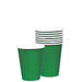 Stack of eight green disposable paper cups with white rims and interiors, with one cup placed in front of the stack, displayed against a white background.