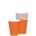 Stack of eight orange disposable paper cups with white rims and interiors, with one cup placed in front of the stack, displayed against a white background.