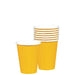 Stack of yellow disposable paper cups with white rims and interiors, with one cup placed in front of the stack, displayed against a white background.
