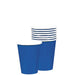 Stack of eight blue disposable paper cups with white rims and interiors, with one cup placed in front of the stack, displayed against a white background.