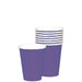 Stack of eight purple disposable paper cups with glossy exteriors and white rims and interiors, arranged against a plain white background. One cup is positioned in front of the stack, slightly separated to show the full cylindrical shape.