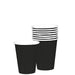 Stack of black paper cups with white interiors, with one cup placed in front of the stack, all against a white background.