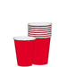 Stack of eight red paper cups with white rims, one cup positioned in front and the rest neatly stacked behind, set against a white background.