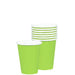 Image shows 8 lime green paper cups with white rims; 7 are neatly stacked in the background, and 1 is positioned in front of the stack, slightly apart to display its shape and size.