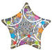 Star-shaped foil balloon with a colorful confetti and streamer design in blue, red, green, orange, and purple, featuring bold 'Happy Birthday!' text in black on a shimmering silver background.