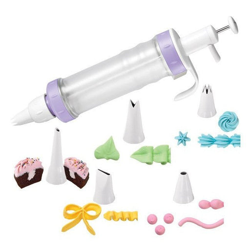 Cake decorating set with 8 pieces, including a clear plastic icing tool with a purple ring and white plunger handle, and various decorating tips for creating different shapes such as stars, flowers, ribbons, and frosting swirls. Example decorations in pink, blue, green, and yellow icing are shown beside cupcakes.

