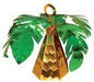 Foil palm tree-shaped balloon weight featuring a shiny gold foil base with textured details and metallic green foil palm leaves, ideal for tropical or luau-themed party decorations.