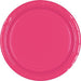 Solid bright pink gloss paper plate with smooth center and embossed rim – disposable round plate for parties, picnics, and events.