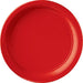 Solid red gloss paper plate with smooth center and embossed rim – disposable round plate for parties, picnics, and events.